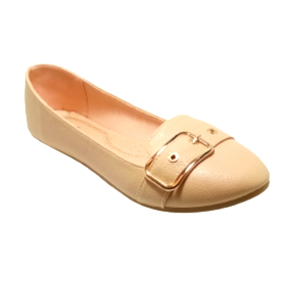 Forever Comfort Beige Gold Buckle Ballet Flat Shoes Sz 9